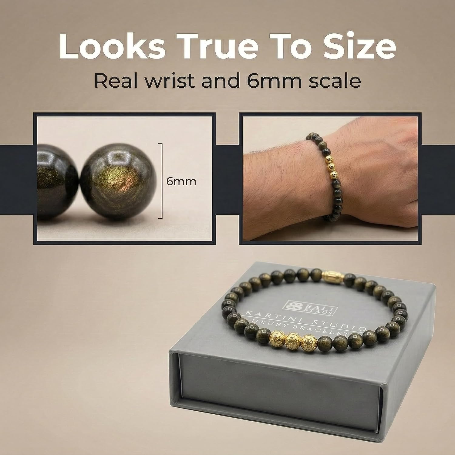 Kartini Studio Golden Obsidian Bracelet, Men's Obsidian and Gold Plated Beads Bracelet, Bead Jewelry for Man