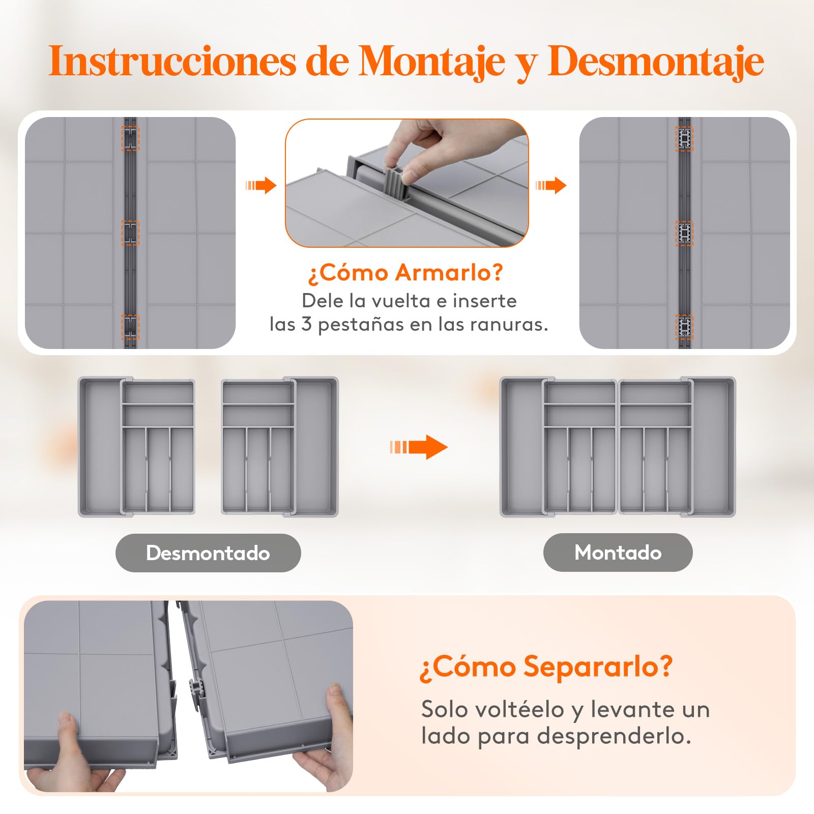 Lifewit Bandeja Grande para Cubiertos Cajon, Ancho de 46 a 70 cm, Organizador Vajilla Extensible de Cocina, Profundidad de 42,4 cm, Extraíble Separador Talheres, Porta de Utensilios/Cucharas, Gris