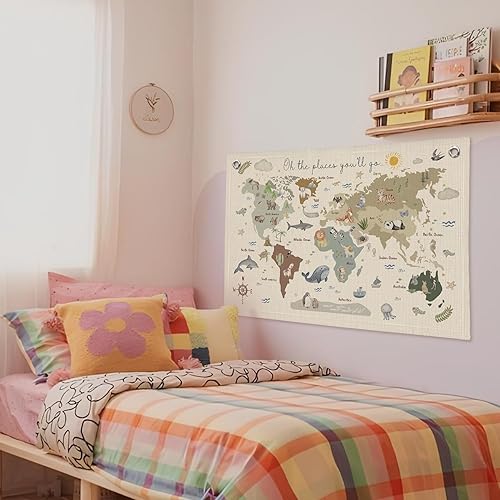 Miniatura 6 de Wheatwin Decoración de sala de juegos, pancarta de mapa del mundo para niños, mapas del mundo para pared, mapa del mundo, lindo tapiz de animales