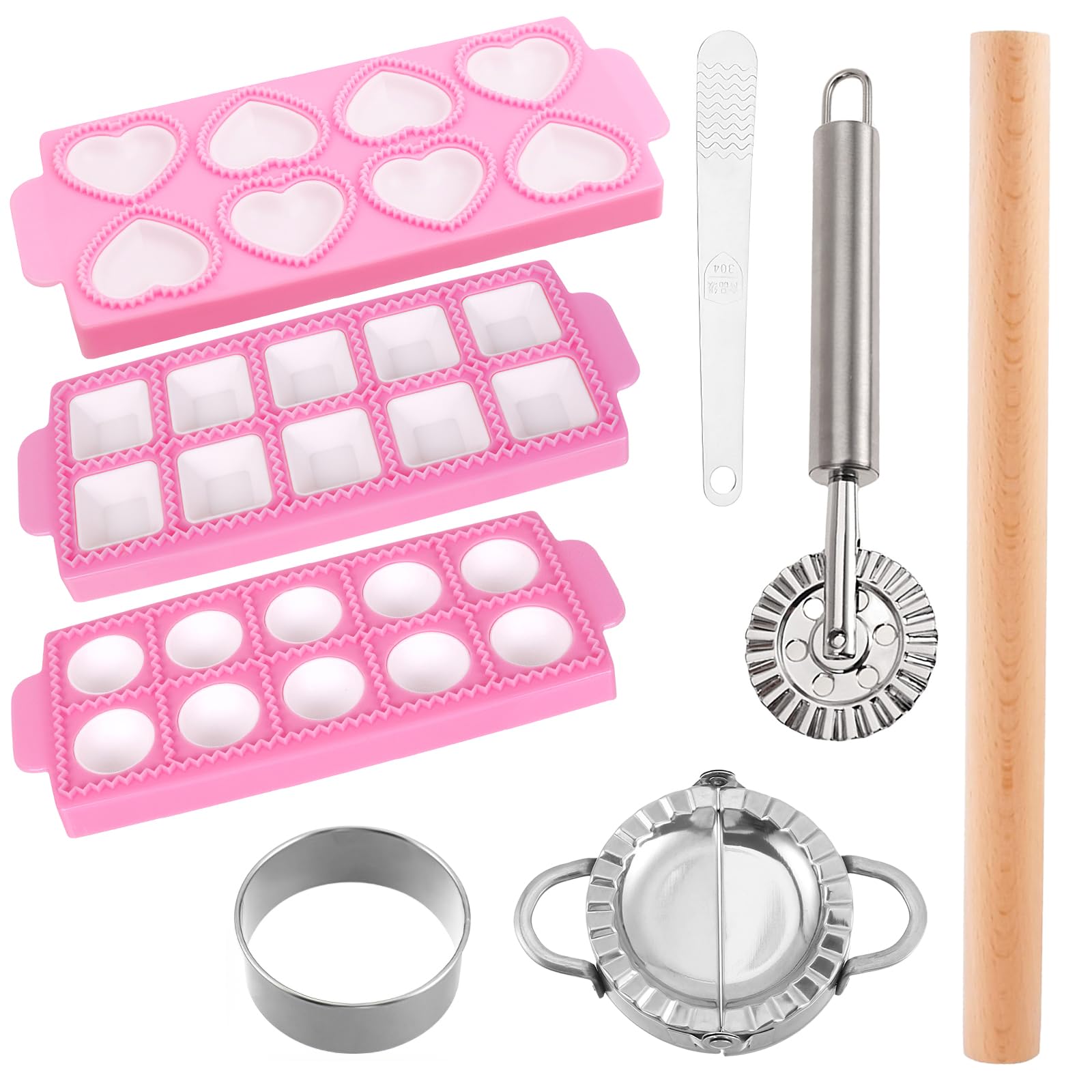 Krbnk Ravioli Mold Maker Kit - 3 Rectangle Ravioli Press + Dumpling/Pasta Cutter, Round Ravioli Cutter, Rolling Wheel, Dough Rolling Pin - Complete Pasta Making Tools for Ravioli Empanada
