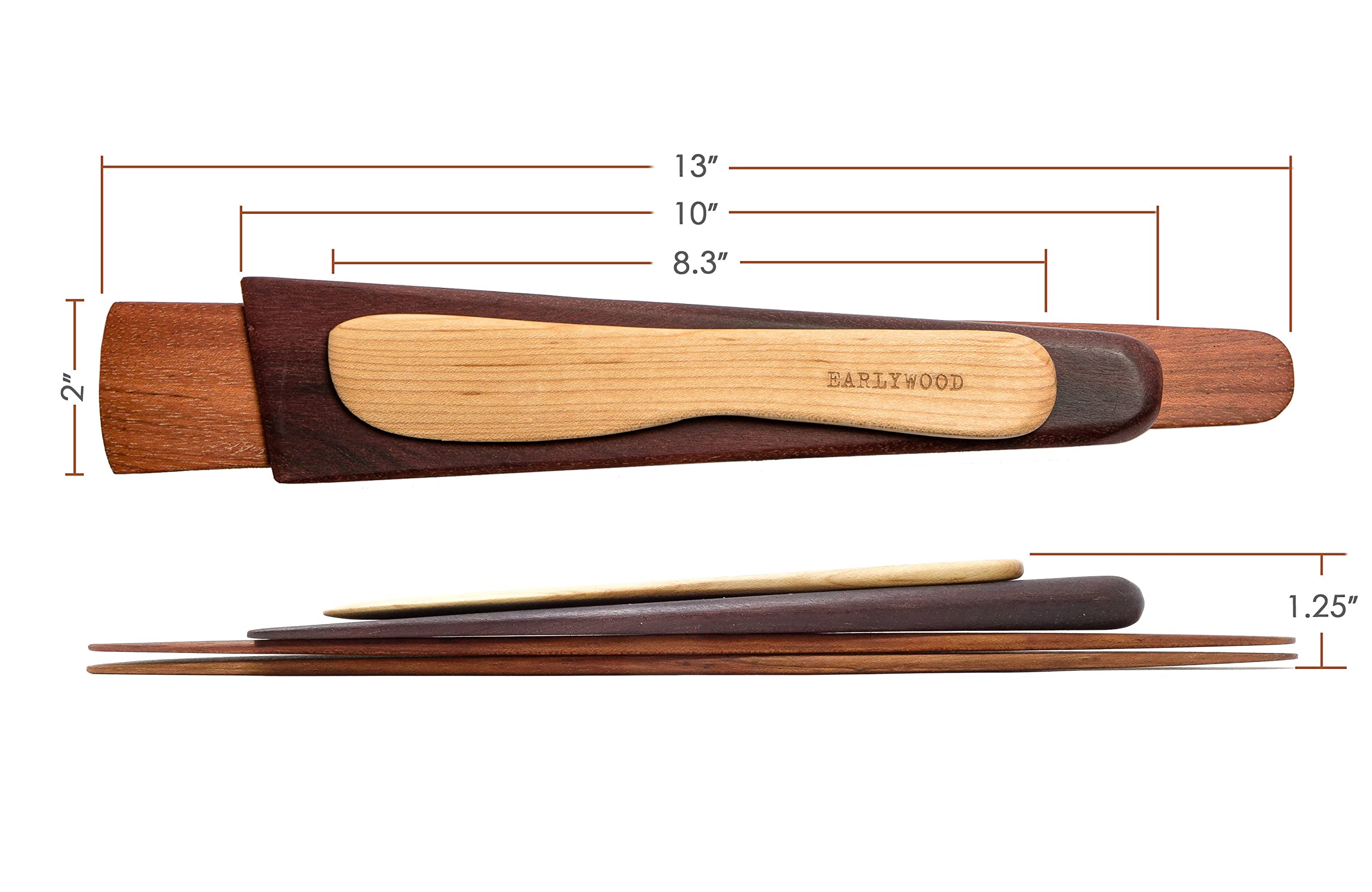 Earlywood 4-teiliges Küchenhelfer-Set aus Holz - Mehrzweck-Set mit zwei dünnen Holzspateln, einem hölzernen Gusseisen-Schaber und Butter-/Käsestreuer, hergestellt in den USA (Jatoba, mexikanisches