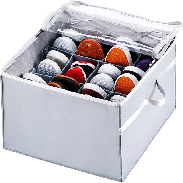 AOIEORD Shoe Storage Organiser, Adjustable Compartment Clear Lid Cabinet Box, Dustproof Space Saver Easily Assemble Shoe Racks Storage with Handle (12 Grid)