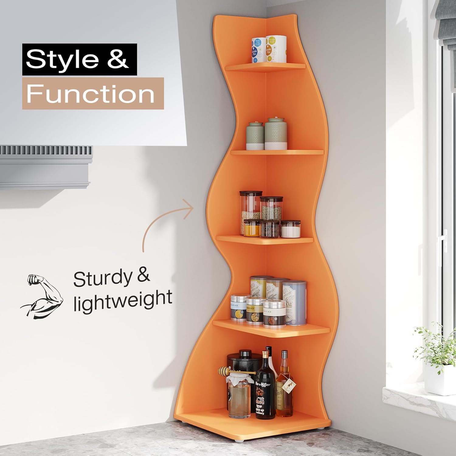 Tribesigns Corner Shelf, Modern 5-Tier Wall Corner Bookshelf, Stylish Corner Small Bookcase Storage Rack Plant Stand with Unique Shape for Living Room, Home Office (Orange, 1PC) Orange 1PC