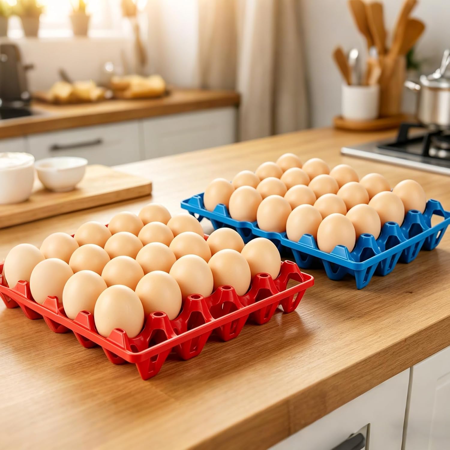 16PCS Plastic Egg Trays Egg Crates, Stackable Eggs Cartons Egg Flats, 30-Egg Storage Trays for Packing, Storage, Shipping (Blue, Red)