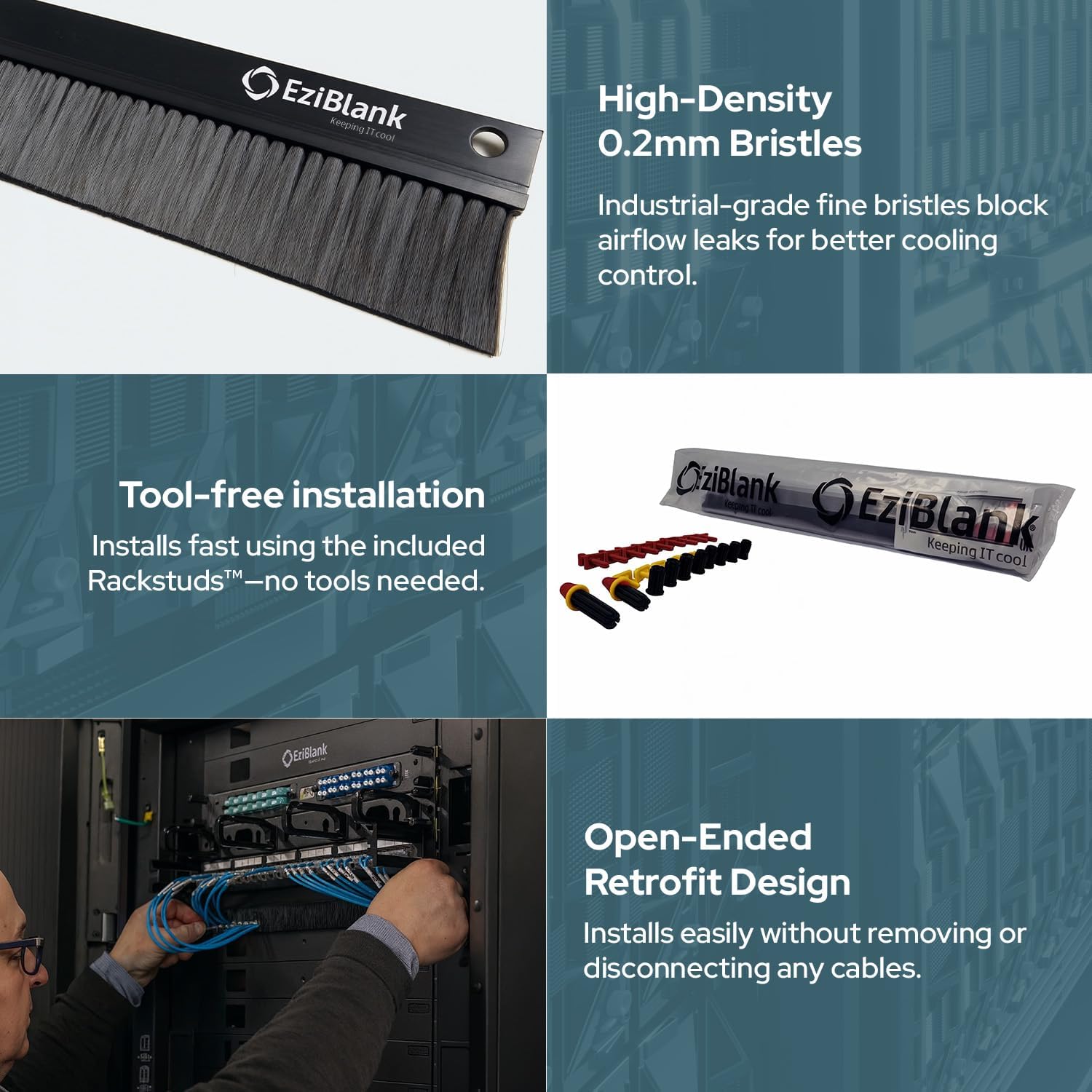 19" 1RU Brush Panel – Rack Cable Entry Seal Pack of 5 | Open-Ended 0.2mm Bristles for Airflow Containment | Fits Standard 19" 1U Server Rack Cable Management.