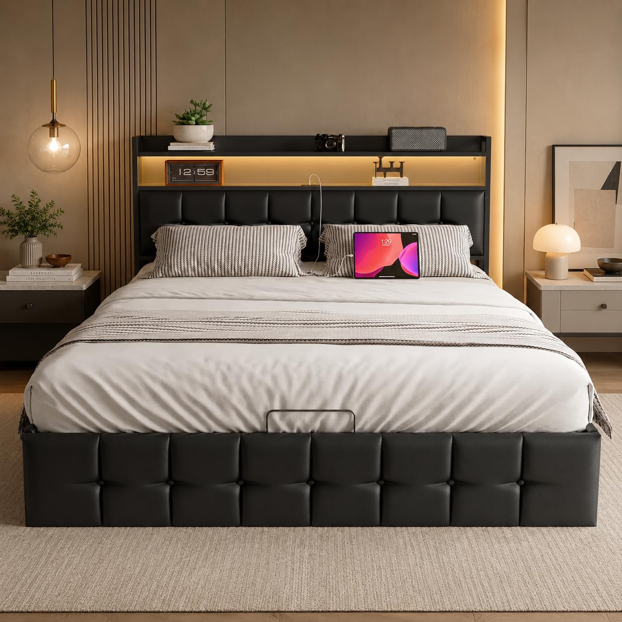 KeepGoon letto matrimoniale con contenitore 160 x 200 cm, letto imbottito con rete a doghe, testiera a LED con funzione USB, letto funzionale, in pelle nera, barra di pressione dell'aria