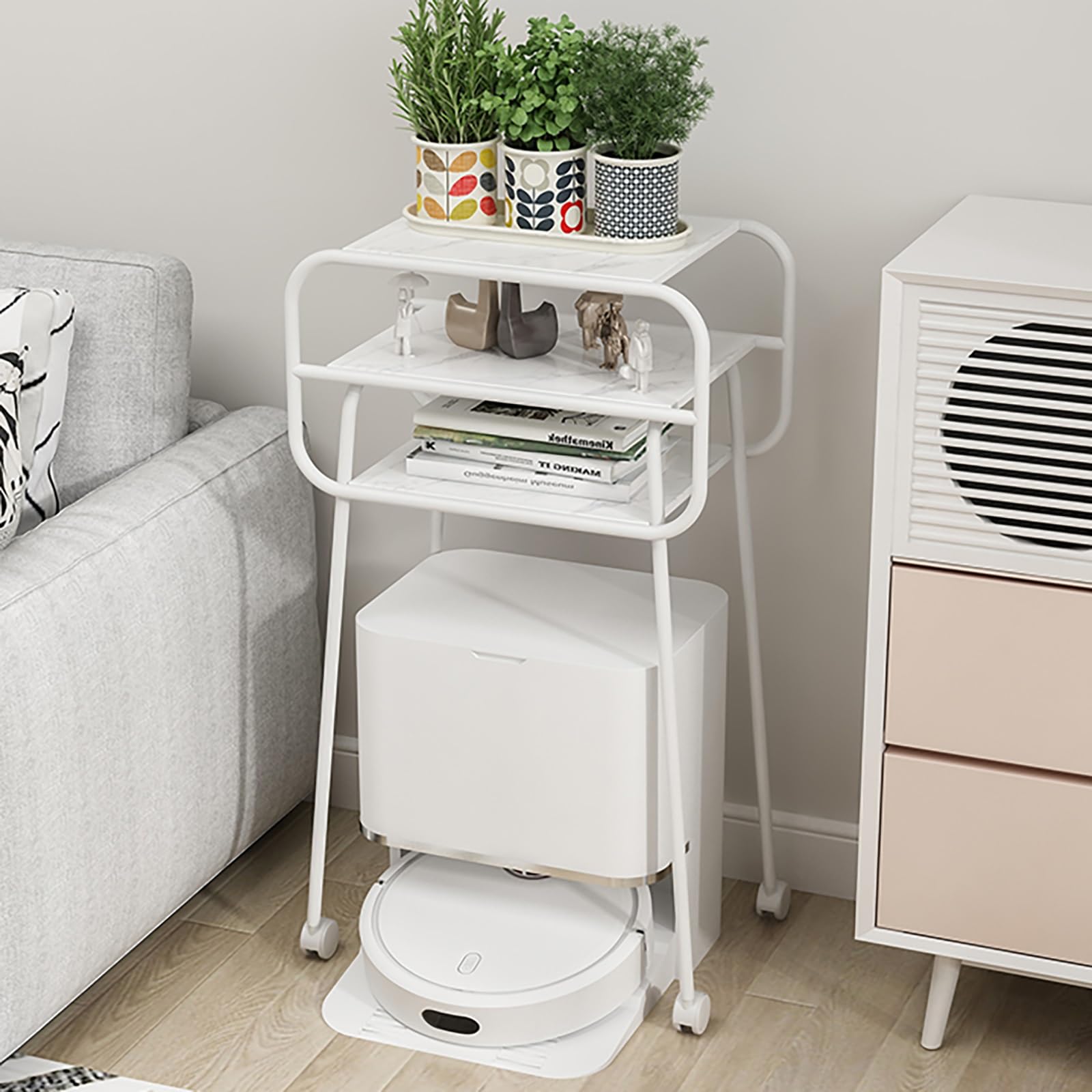 Estante de almacenamiento de 3 niveles para aspiradora robot, soporte de vacío con ruedas, mesa auxiliar pequeña para sala de estar, baño, mesa auxiliar estrecha, muebles decorativos bonitos