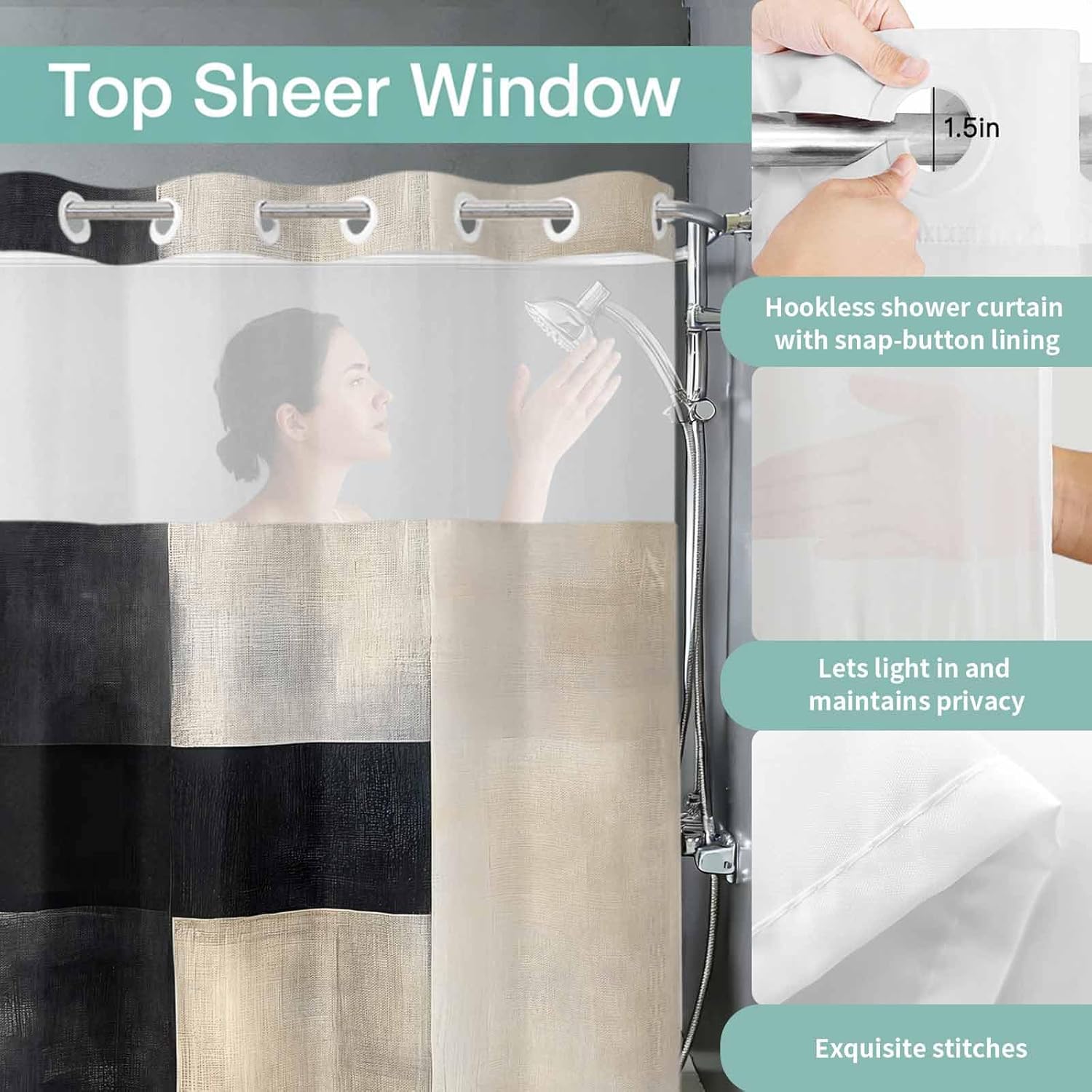 Abstract off White Gray Black No Hook Shower Curtain with Snap in Liner Set, Waterproof Shower Curtains for Bathroom, Oil Painting Art Fabric Shower Curtain, See Through Mesh Top Window, 60"W x 72"L