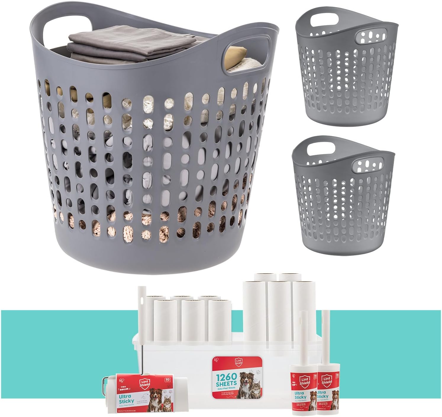 IRIS USA 40L Laundry Hamper, 3-Pack, Flexible & Ventilation Holes, Gray + Extra Sticky Lint Roller Value Pack Comes with Storage Box & Refills, Standard & Large Rollers, Pet Hair Remover for Laundry