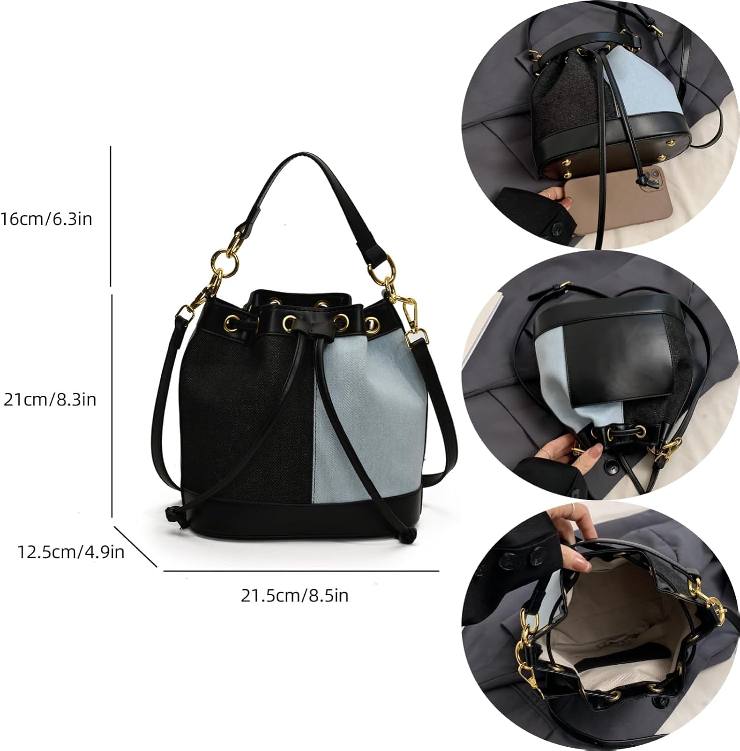 Denim Bucket Bag for Women Handbag Trendy Jean Purse Drawstring Crossbody Shoulder Bag - Image 6