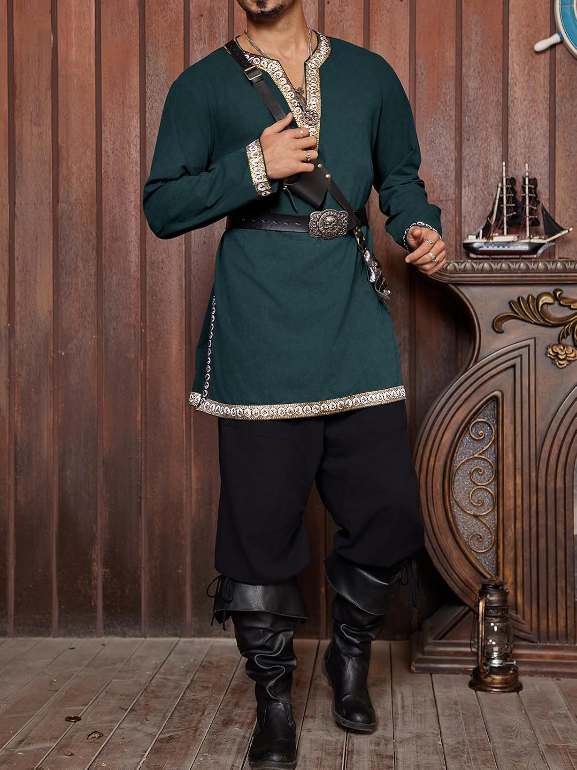 Gafeng Mens Medieval Costume Renaissance Pirate Halloween Viking Tunic Knight Cosplay Warrior LARP Shirts - Image 4