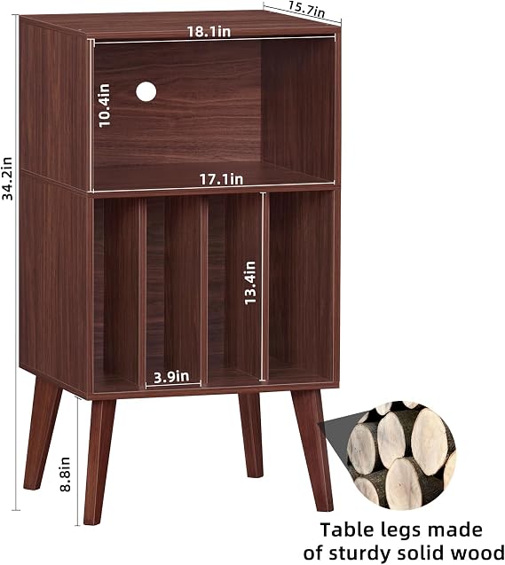 Lerliuo Record Player Stand, Walnut Turntable Stand, Holds Up to 160 Albums, Mid-Century Vinyl Storage Cabinet Table with Solid Wood Legs, Record Player Holder Display Shelf for Bedroom Living Room | Mid-Century Vinyl Storage Cabinet Table, Solid Wood Legs, Record Player Holder Display Shelf for Bedroom Living Room