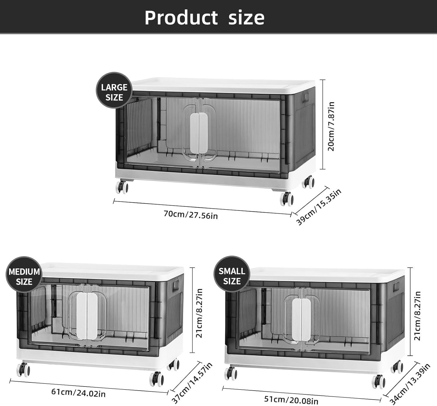 Folding Storage Organizer with Silent casters | Stackable Design for Home & Office, Heavy-Duty Plastic Storage Bin with Clear Door, 3 Sizes (19.5/23.5/27.5in),Black/White (19.7" 5 layer, White)