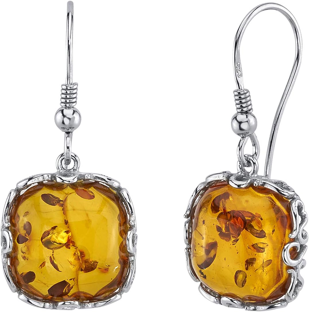 Peora Genuine Baltic Amber Cushion Cut Dangle Earrings for Women 925 Sterling Silver, Rich Cognac Color, Designer Scroll Gallery, Fish Hooks, Real Baltic Amber Earrings for Adults,