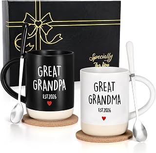Maustic Great Grandparents Gifts, Great Grandpa Grandma Est 2026 Mugs, Christmas Gift for Grandma Grandpa, Pregnancy Announcement for Grandparents, Gift for New Grandparent, 16 Oz with Spoon, Coaster