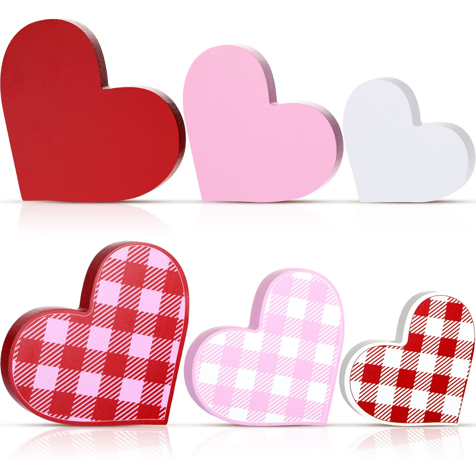 3 Pieces Valentine's Day Heart Wood Sign Reversible Heart Tray Decor Love Heart Shape Home Decor Double Side Printed Freestanding Table Decorations for Valentines Day Wedding Party (Fresh Style)