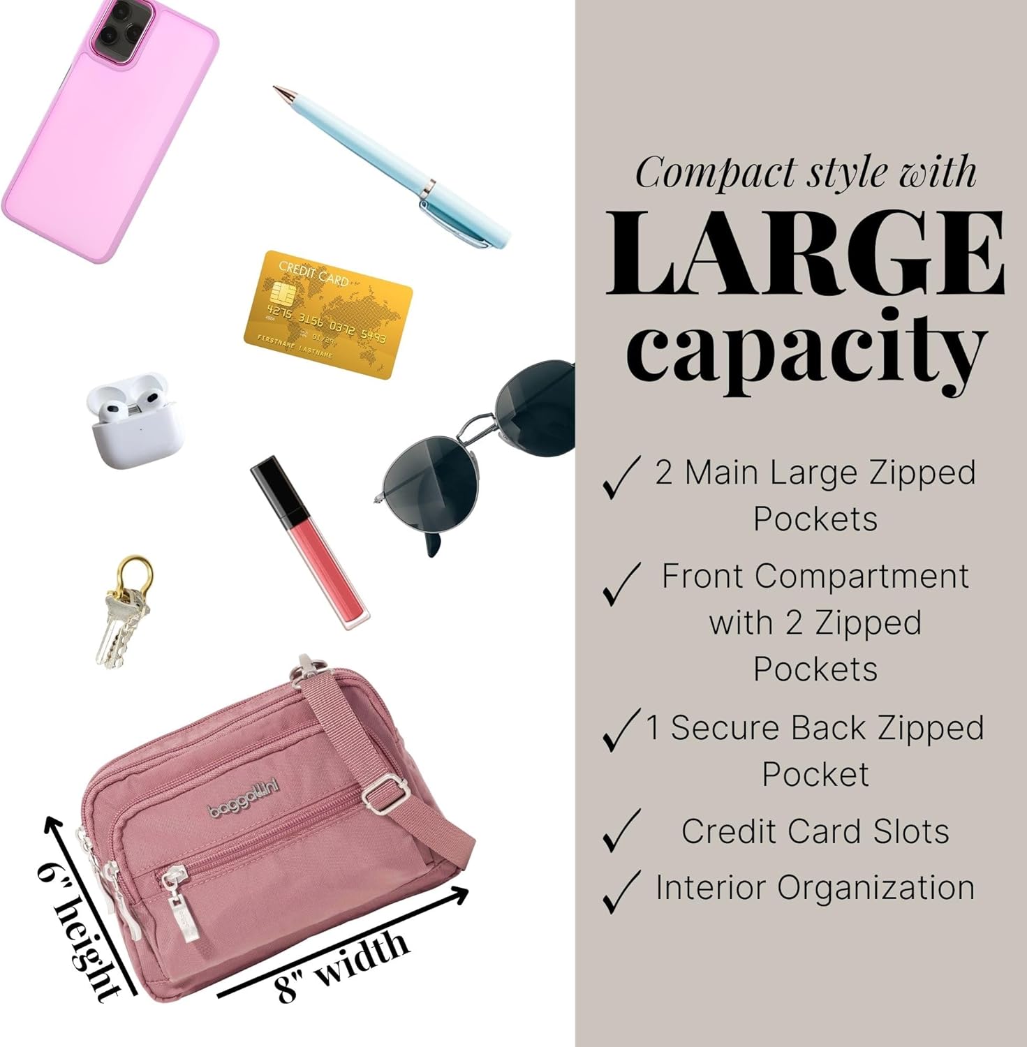 Baggallini Triple Zip Small Crossbody Bag for Women - 8x6 Lightweight Convertible Fanny Pack Belt Bag - Image 3