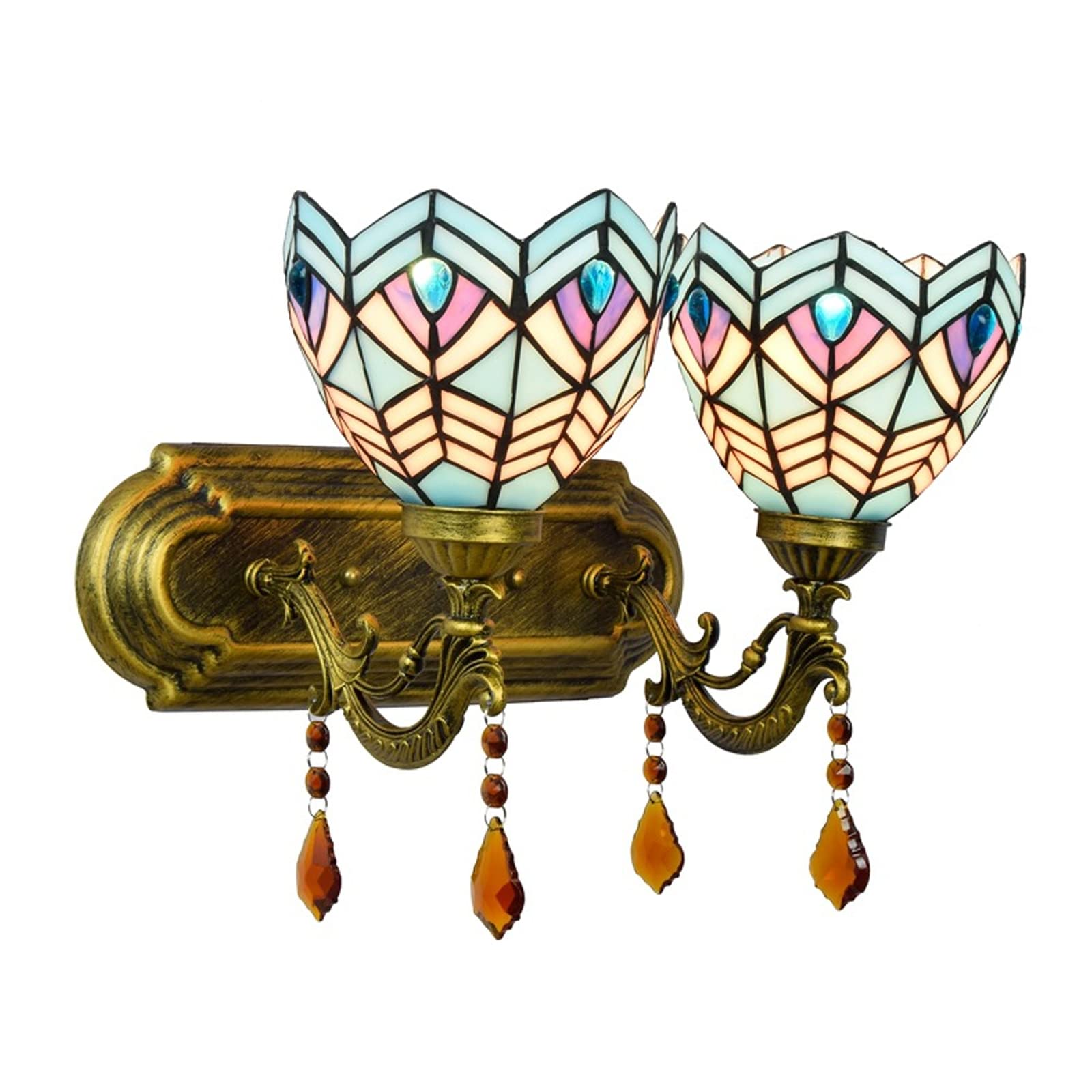 SXSCARKX Double Head Wall Light Retro Tiffany Style Lamp Handmade Mediterranean Stained Glass Lampshade European Creative Lamps for Bedroom Needed