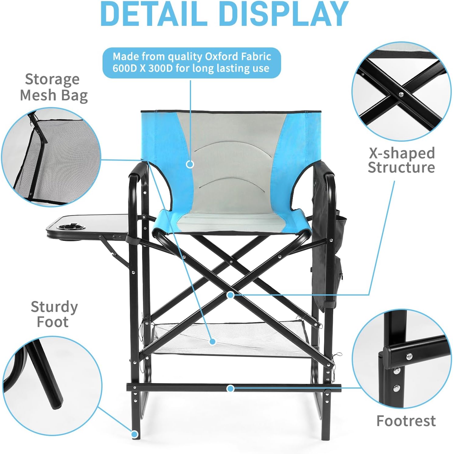 Outvita 26" Tall Directors Chair Height Seat Folding with Side Table Storage Bag, Support for 300Lbs Portable Makeup Artist Chair with Bar Height(Blue/Black)