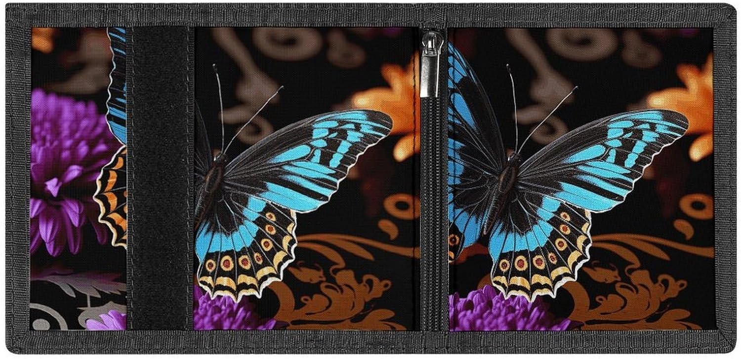 Butterfly on Beautiful Flower Trifold Wallets Slim Wallet Novelty Pocket Purse Multiple Card Slots Outdoor Travel Wallet Stylish Durable Wallets For Men Women