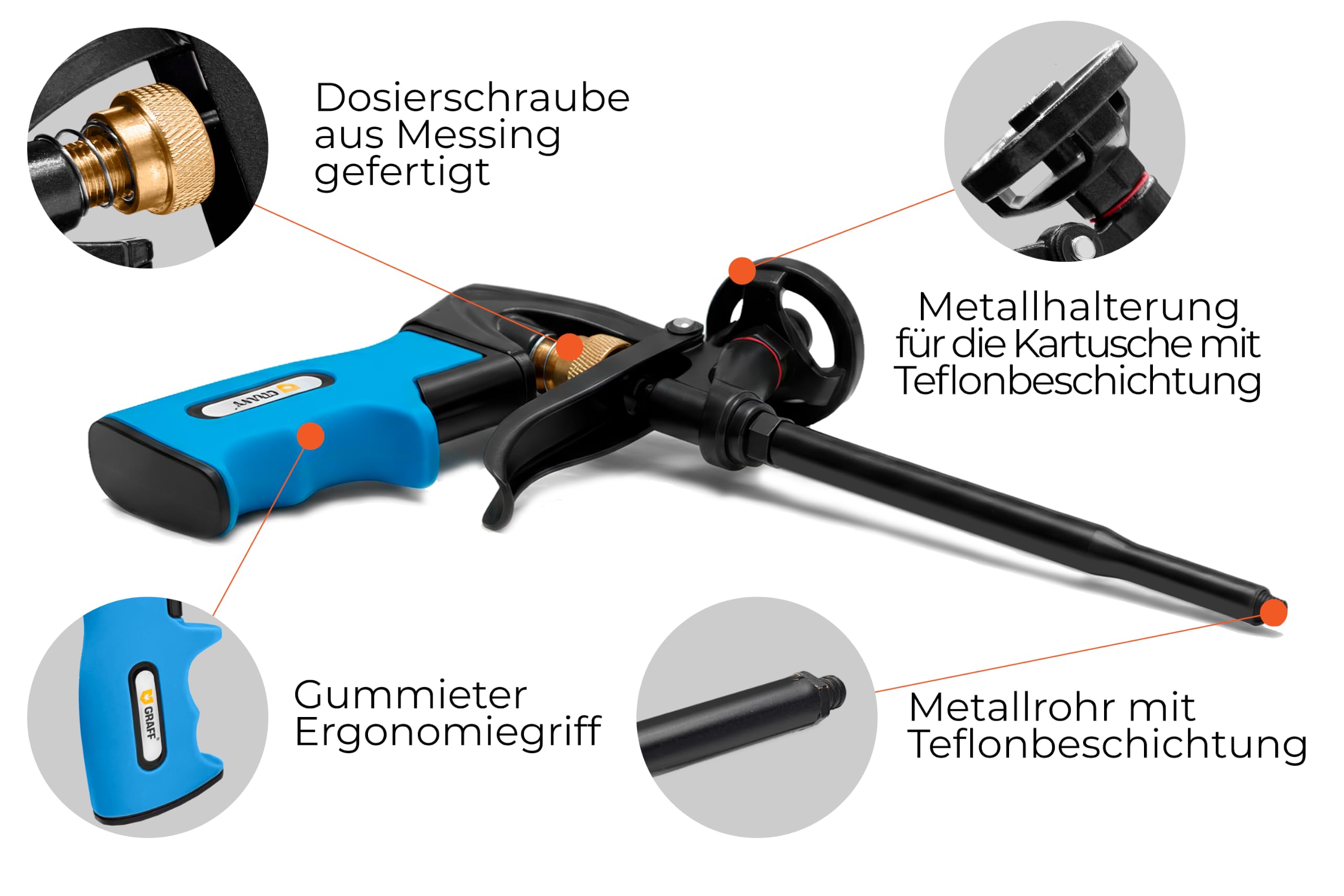 Pistola de espuma de poliuretano de calidad profesional, hecha de metal, totalmente recubierta de teflón, con mango ergonómico de plástico