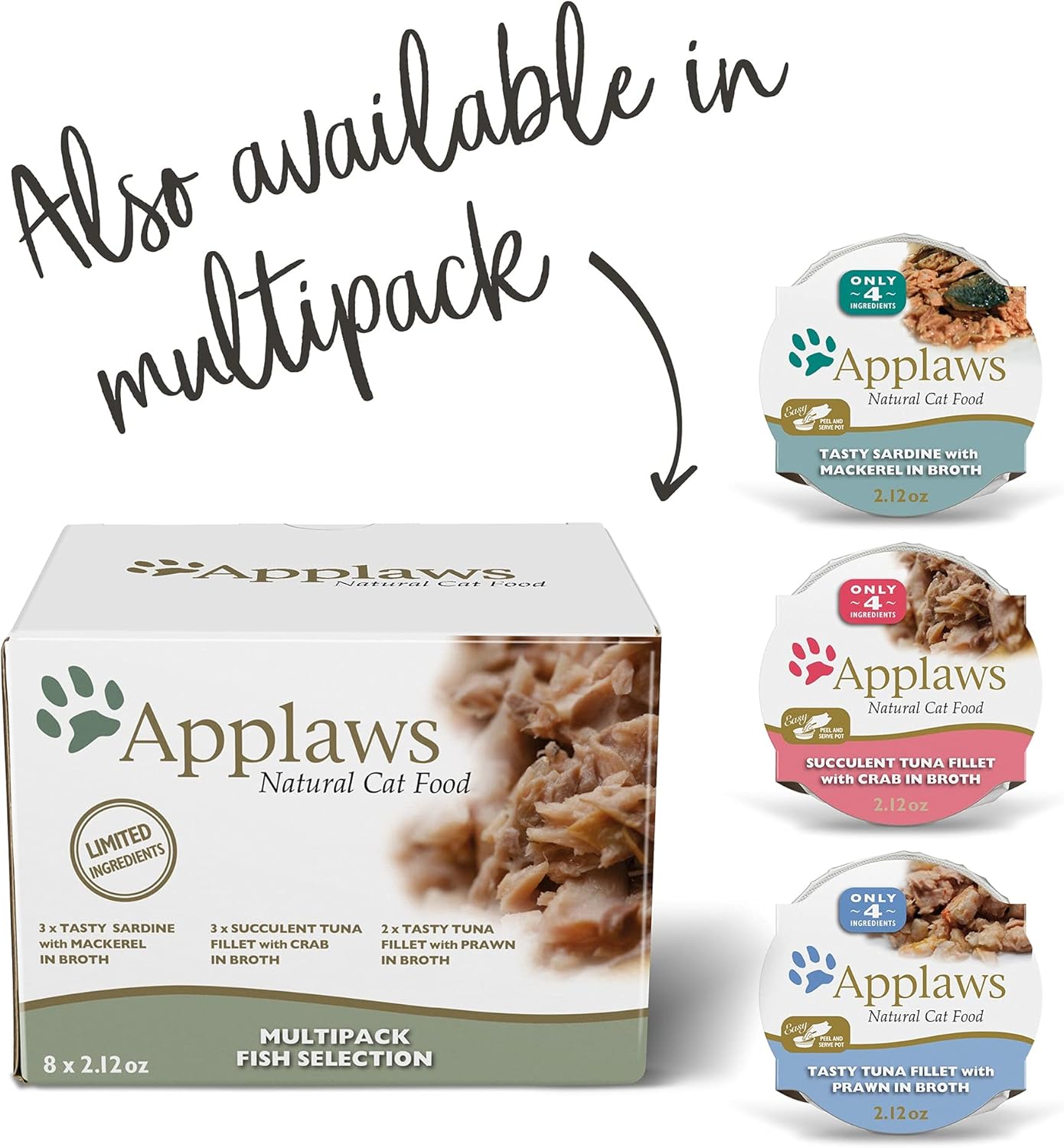 Applaws Natural Wet Sardine with Mackerel in Broth Wet Cat Food, 2.12 oz., Case of 18