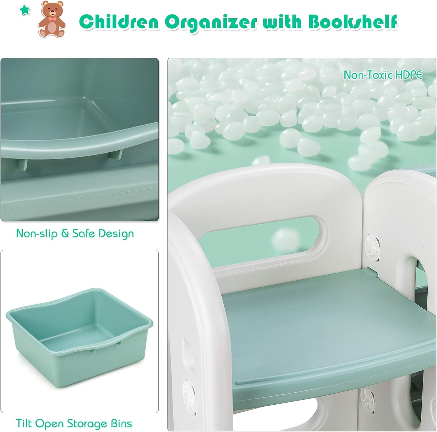 Close-up images showing the non-slip and safe design of the bins, the tilt-open feature, and the non-toxic HDPE material.