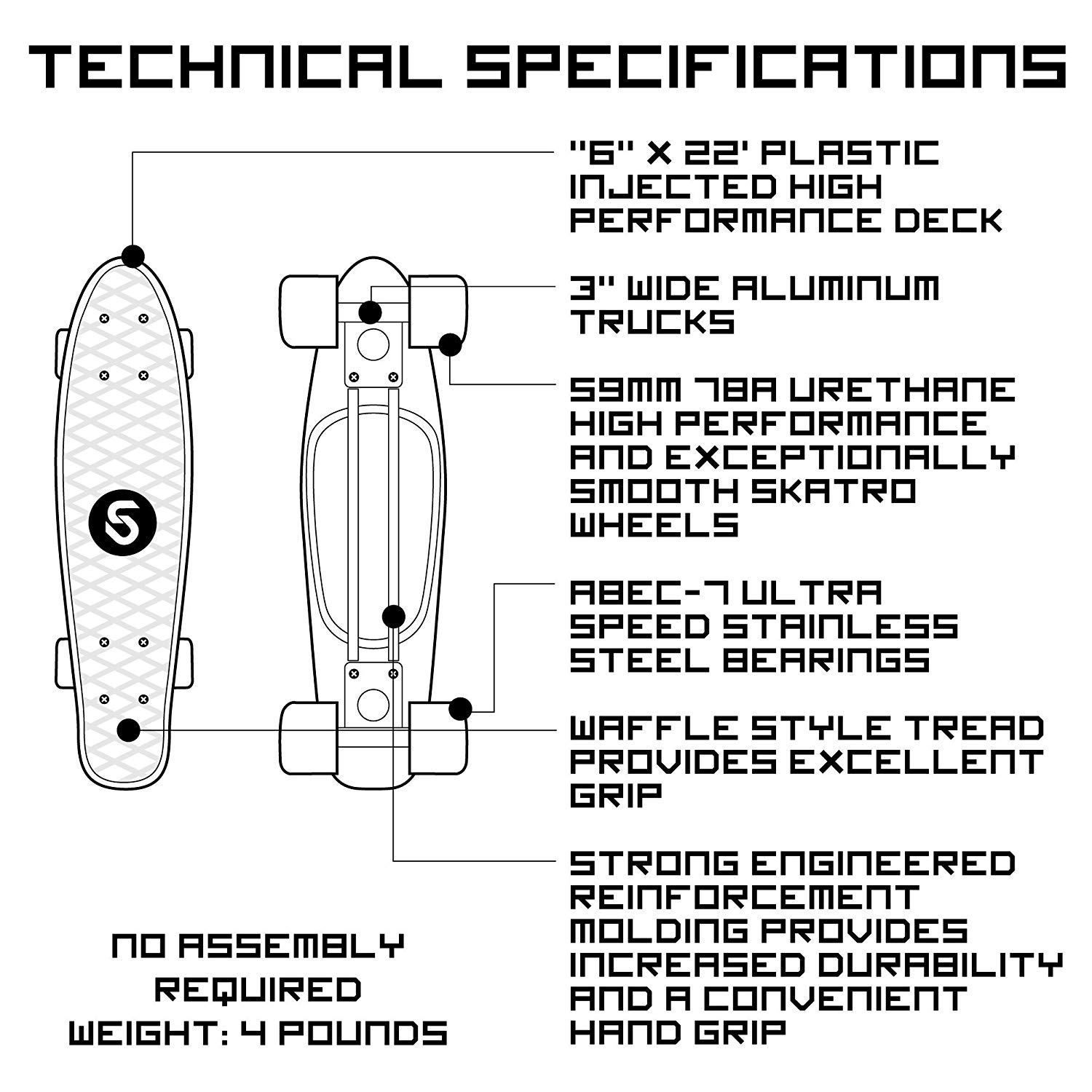 Skatro - Skateboard Mini Cruiser. Tavola Completa in plastica di 22 Pollici in Stile Retro