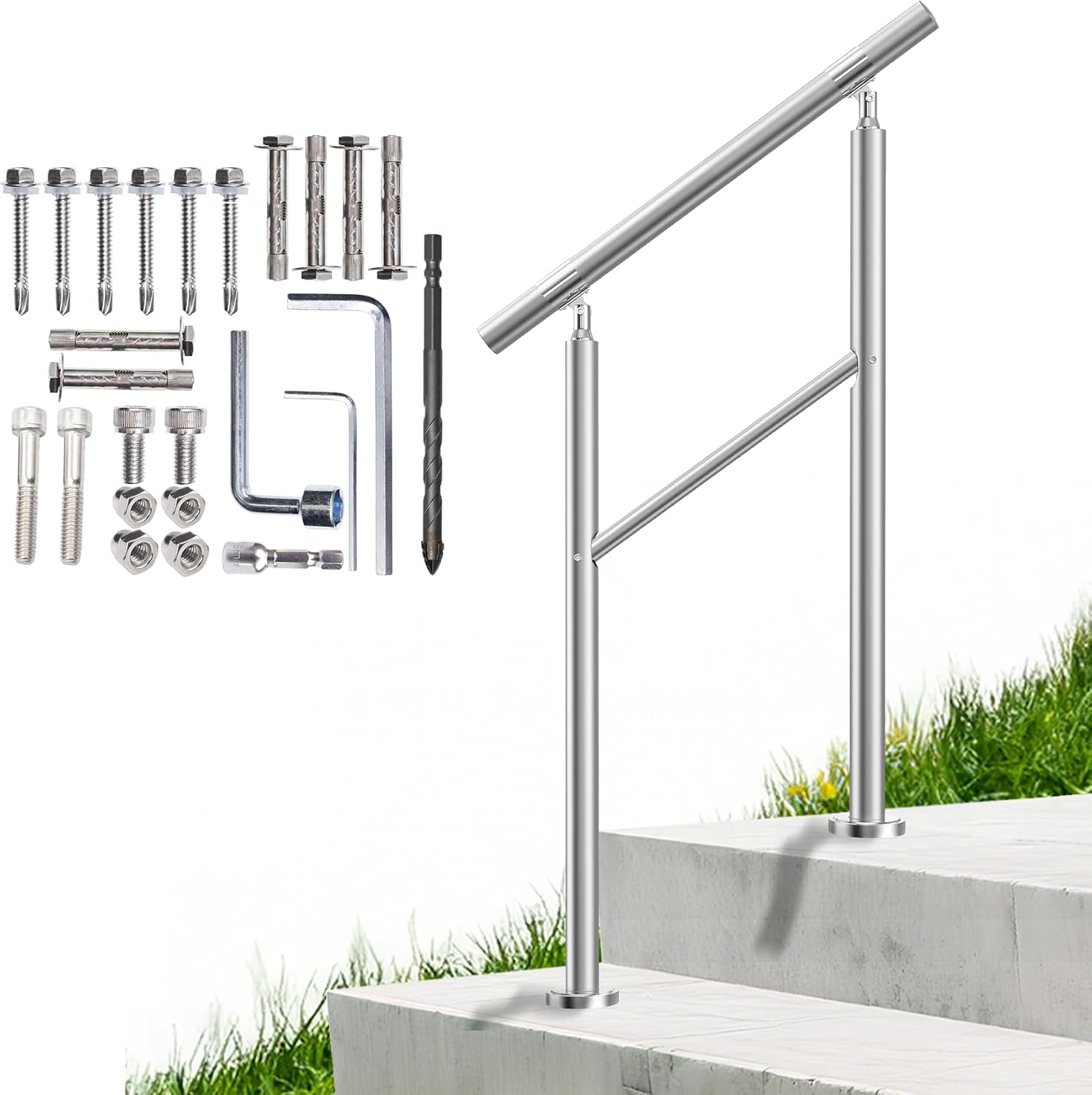 Hand Rails for Outdoor Steps, 2 Step Handrail Stair Railing with Balusters, 304 Stainless Steel Outdoor Handrails for Exterior Steps, Silver Stair Handrail for Porch Railing (1 pcs) Silver - Stainless Steel 2 Step - with Balusters