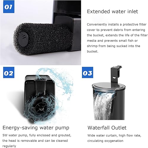 Miniatura 6 de Filtro de tanque de tortuga mejorado, filtro interno para acuario, filtro de tanque de peces para filtro de cascada de filtración ultra silencioso,