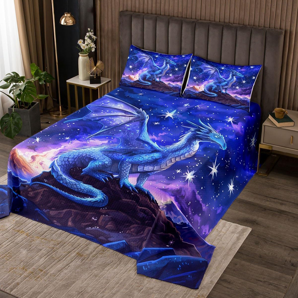 Homewish Dragon Bedspread Twin Size,Starry Sky Mountains Bedding Set for Kids Girls Boys Room Decor,Blue Purple Western Magical Coverlet Set 2Pcs,Wild Animal Trippy Quilt,1 Pillowcase