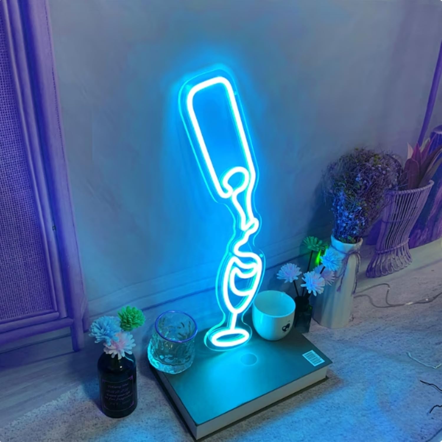 LED Bar Beer Neon Sign for Wall or Window Background Decor, Dimmable Acrylic Neon Decorative Wine Art Light for Home Pub Bar Studio, Wine Lover Birthday Party Gifts(Ice Blue)