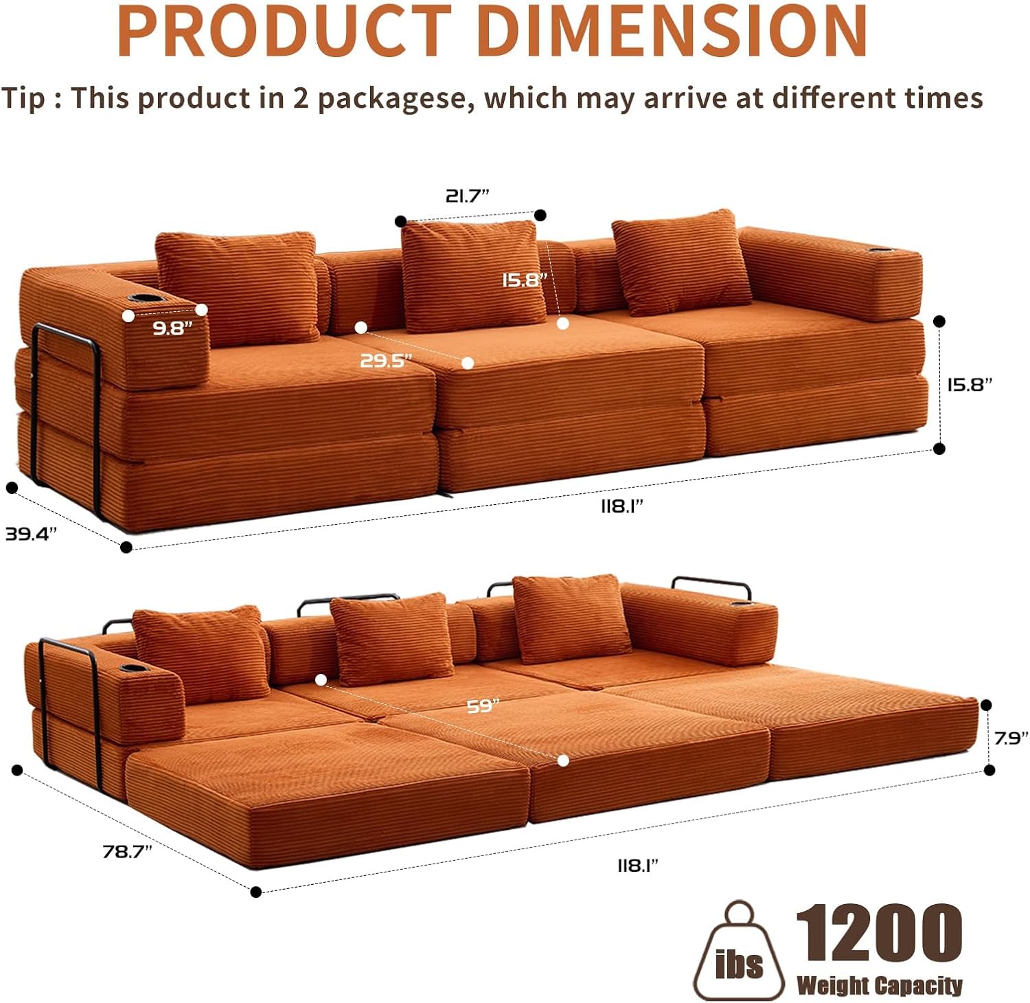 118" Oversized Sectional Couches, Convertible Floor Sofa Bed with Cup Holder, Boneless Foldable Mattress Cloud Couch with Pillow Back & Armrest for Living Room Bedroom Lounge(Corduroy, Orange)