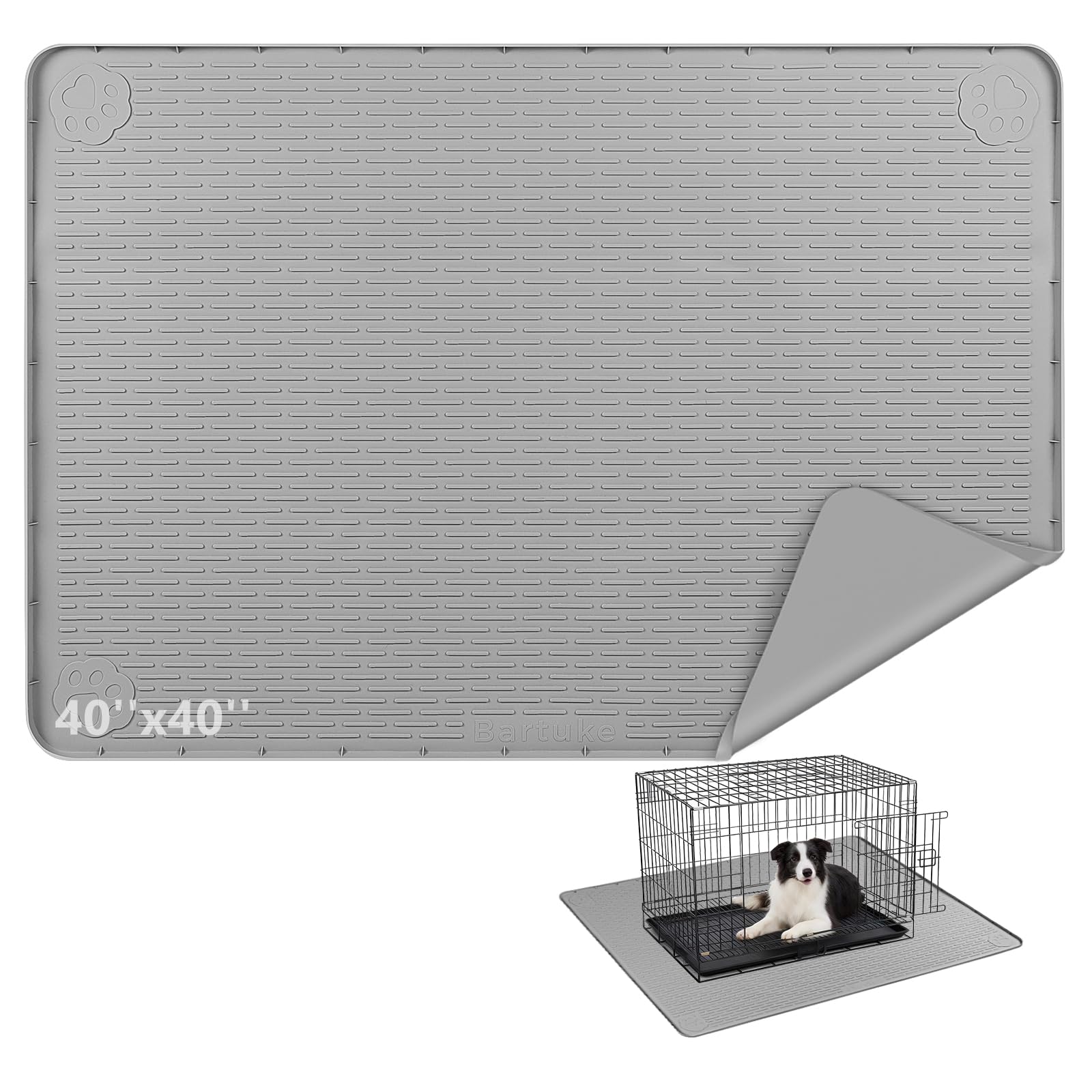 Bartuke Silicone Dog Crate Mat, Under Dog Crate Kennel Pad with Raised Edge, Washable Dogs Bed Mat, Waterproof, Leakproof, Protect Floors (Light grey, 40''x40'')