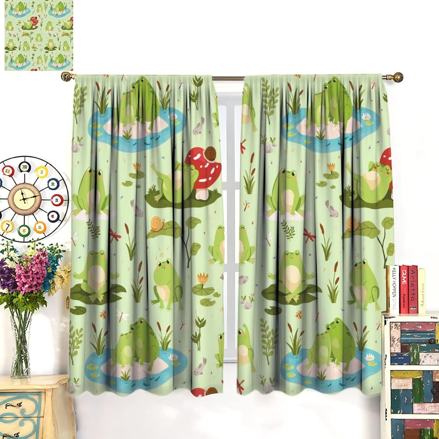 Cartoon Cute Frogs Blackout Curtains for Bedroom - Forest Animals Frog Mushroom Green Leaves Window Treatment,Rod Pocket Room Darkening Curtains 2 Panels 63L x 21W