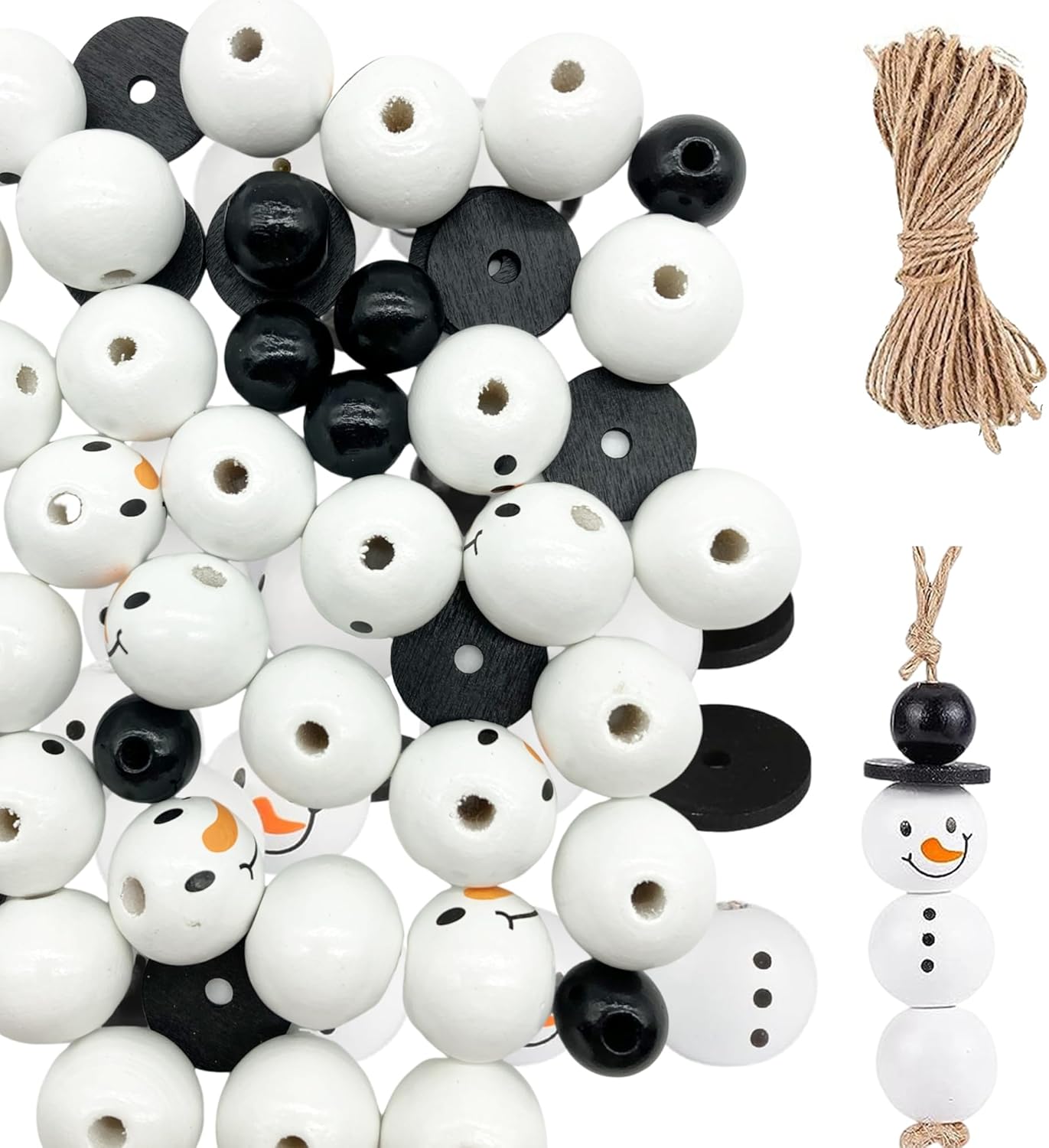 QIUMING 50 Pieces 20 x 14 mm Round Wooden Snowman Christmas Beads Natural Round Beads with Hole for Crafts Party Decoration (B)