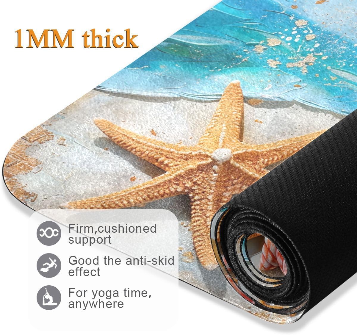 ALAZA Funny Starfish Summer Beach Seashells Sand Palm Yoga Mat Non Slip Fitness Exercise Mat, Workout Mat for Yoga, Pilates and Floor Exercises