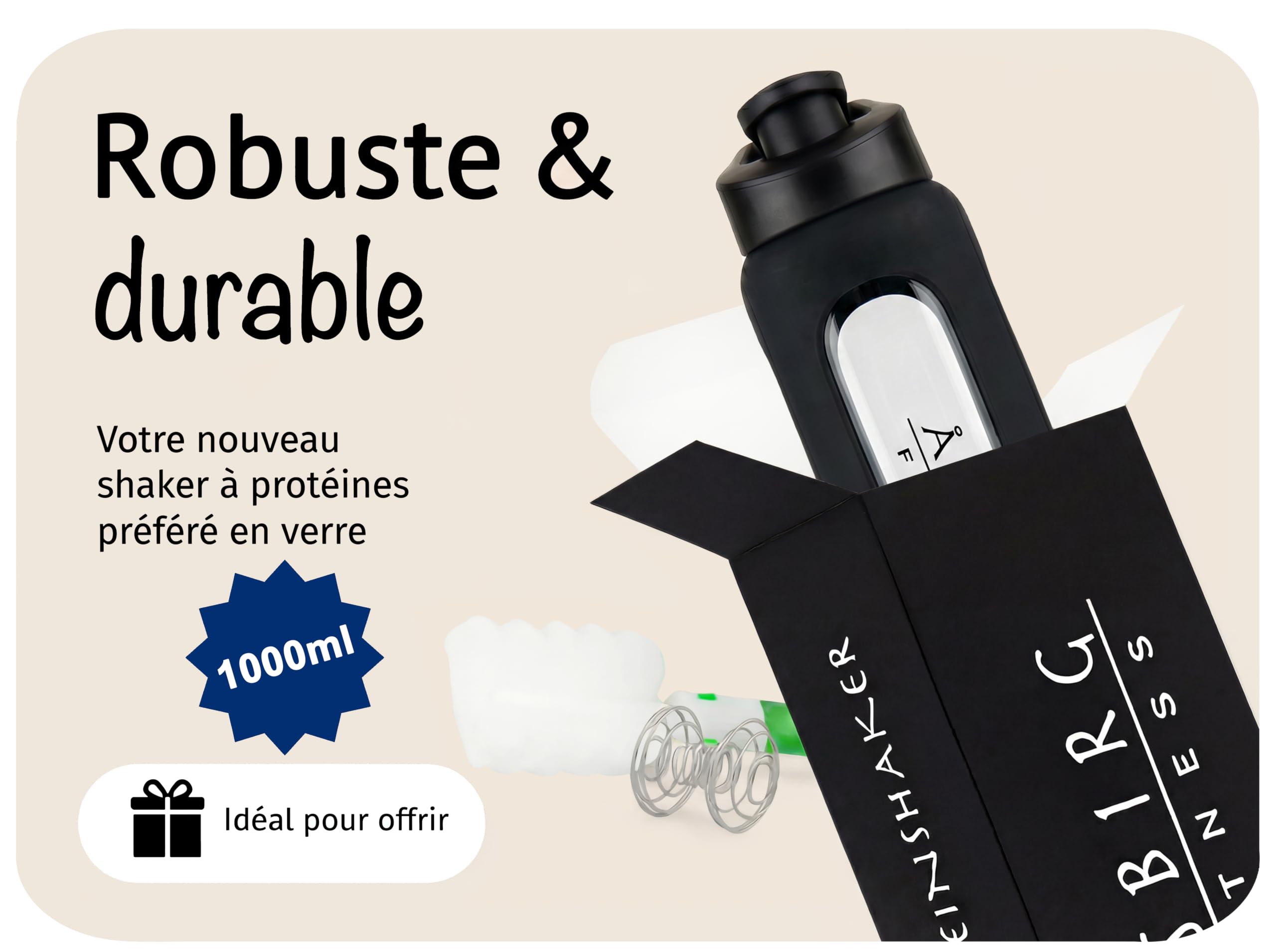 Shaker Protéines en Verre Trempé - 1000ml Gourde avec Boule Mélangeuse | Étanche, Sans BPA & Résistant | Noir