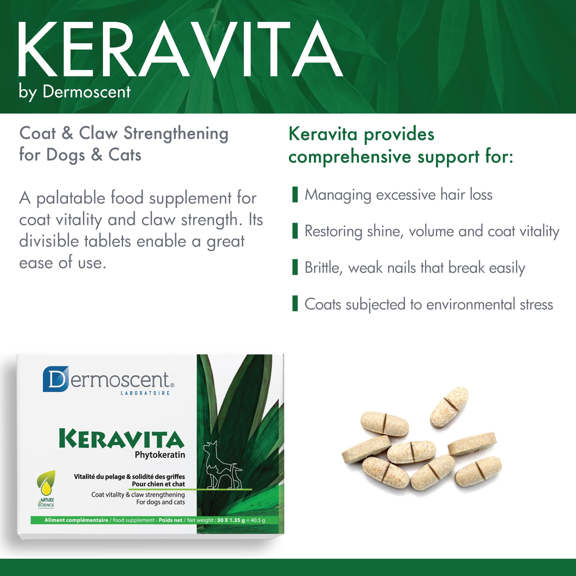 Keravita | witalność sierści i mocne pazury dla psów i kotów | naturalna formuła z keratyną botaniczną, bambusem, witaminami i cynkiem | łatwe w obsłudze, smaczne tabletki