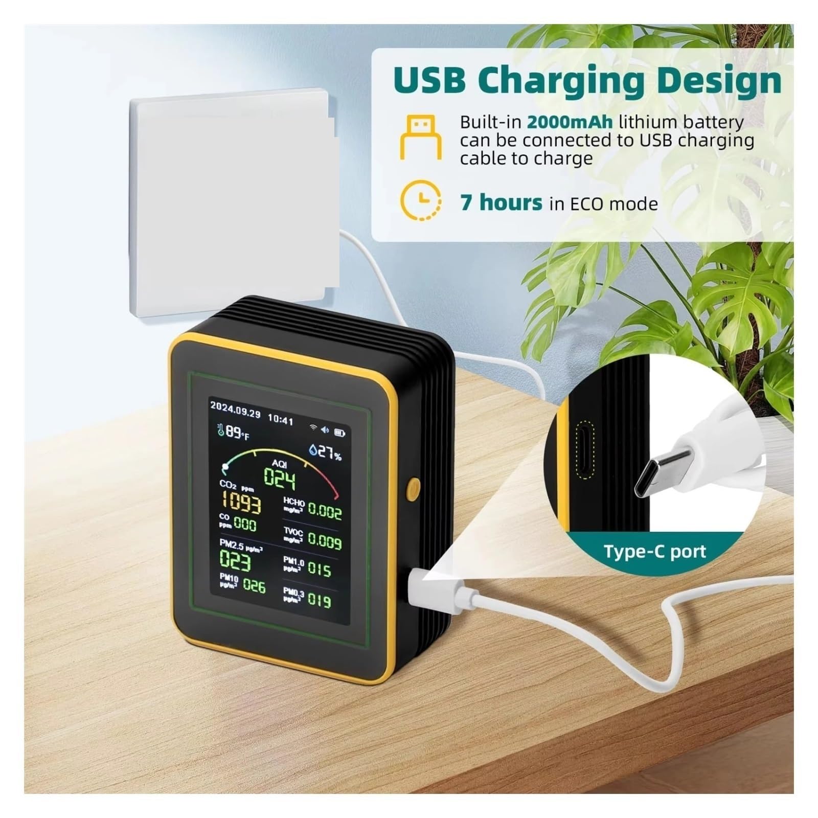 Monitor de calidad del aire, Monitor De Calidad Del Aire WiFi 15 En 1, Detector Gas, Medidor Sensor CO2 PM2.5 Recargable Por USB(MT15 Plus detector B)
