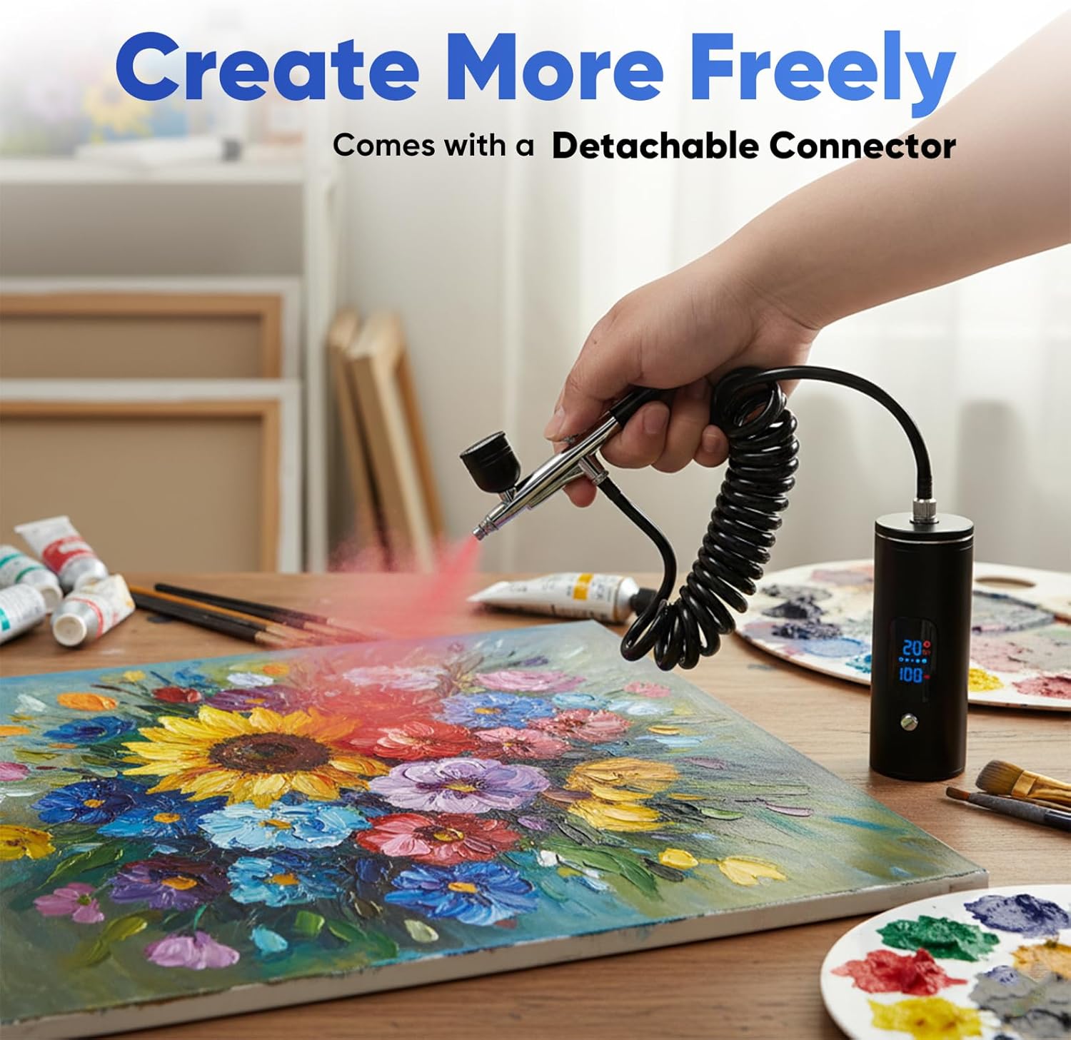 Airbrush Kit with Air Compressor, 48 PSI High-Pressure Cordless Airbrush, 6000mAh Rechargeable, 3-Speed, Dual-Action, 0.2/0.3/0.5 mm Nozzles & 3 Cups, Non-Clogging for Painting, Models, Cake & Makeup