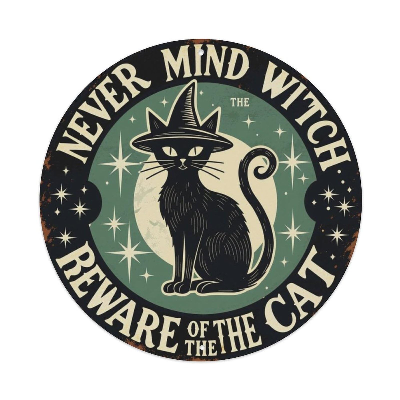 Halloween Witch Black Cat Vintage Round Decor Sign Vintage Aluminium Metal Sign, Retro Wall Decor for Home, Bar, Garage & Farmhouse 20x20cm