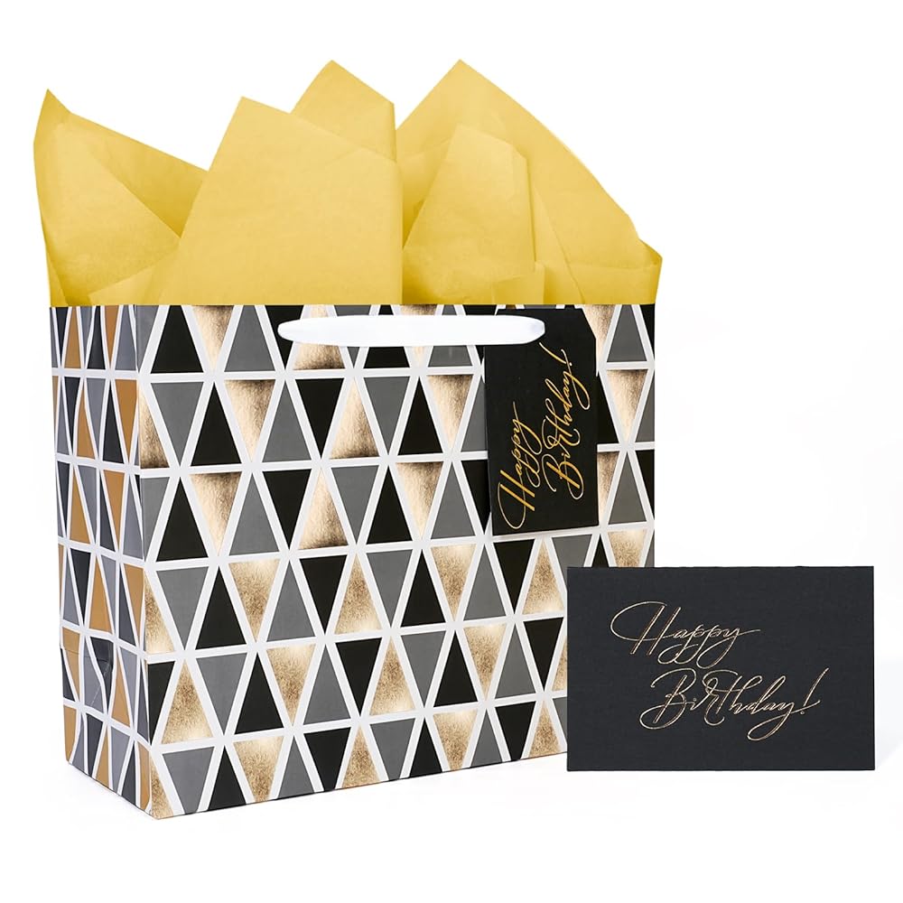 LaRibbons 13 Large Happy Birthday Gift Bag with Tissue Paper and Greeting Card, Black gold with Foil Design, Perfect for Mens Birthday