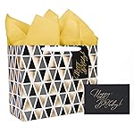 LaRibbons 13 Large Happy Birthday Gift Bag with Tissue Paper and Greeting Card, Black gold with Foil Design, Perfect for Mens Birthday