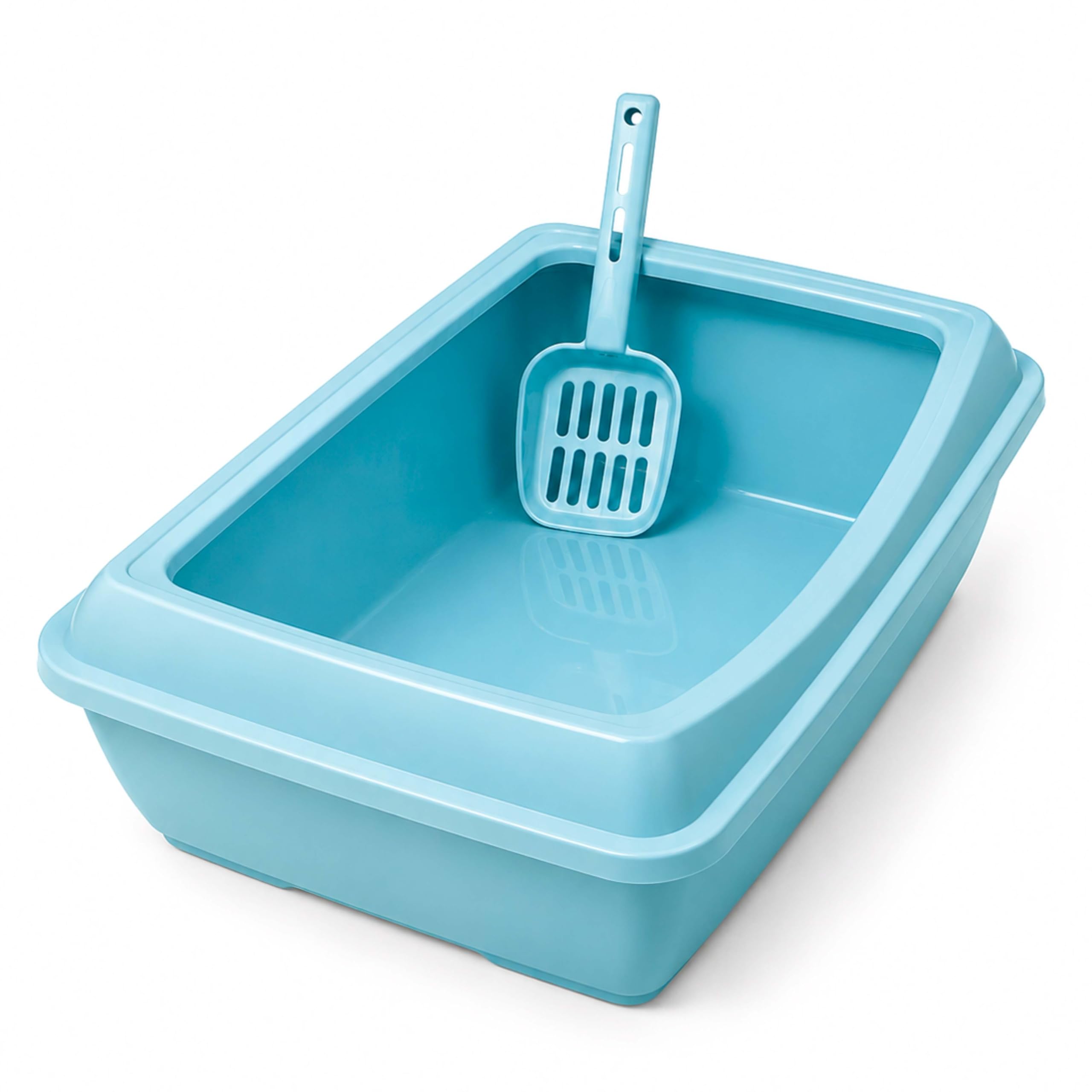 DIVCHI Cat Litter Tray with Scoop Spacious Open Design Litter Box with Removable Rim for Indoor and Odour Cats, Non Stick Plastic Catsan Surface Easy to Clean Toilet Box (Blue)