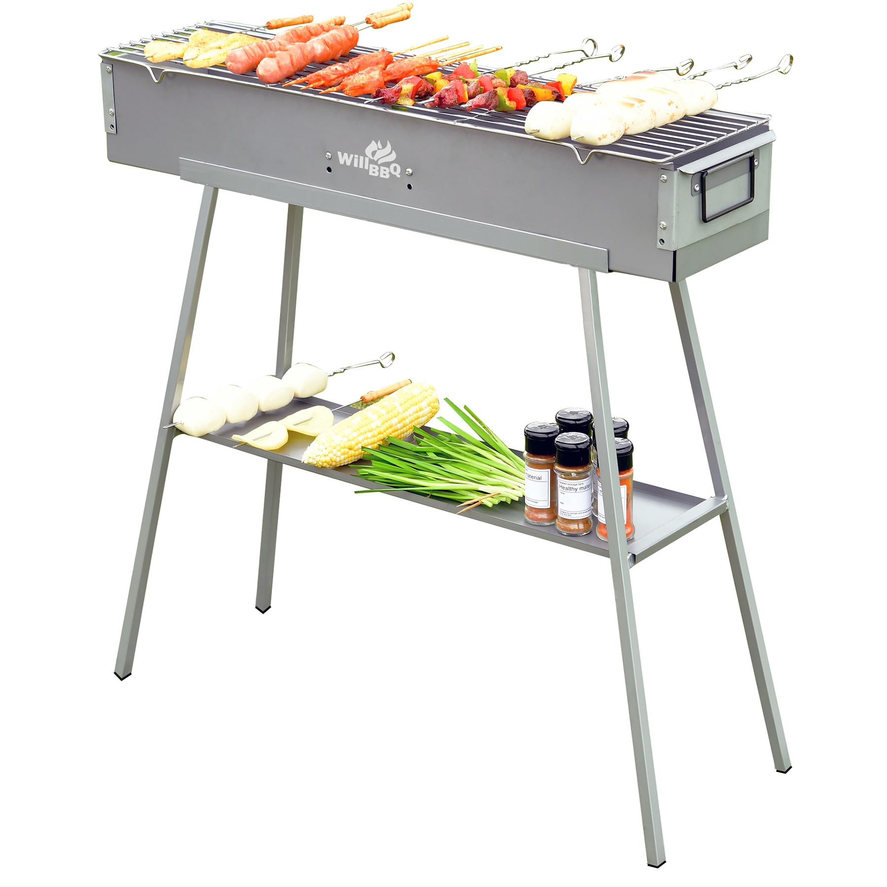 WILLBBQ Holzkohlegrills Kommerzielle Qualität Tragbarer Mehrfachgrößen-Hibachi-Grill Lammspieß-Zubehör Zusammenklappbarer Campinggrill für Garten, Party, Picknick, Reise und Outdoor (80x18x13 cm)