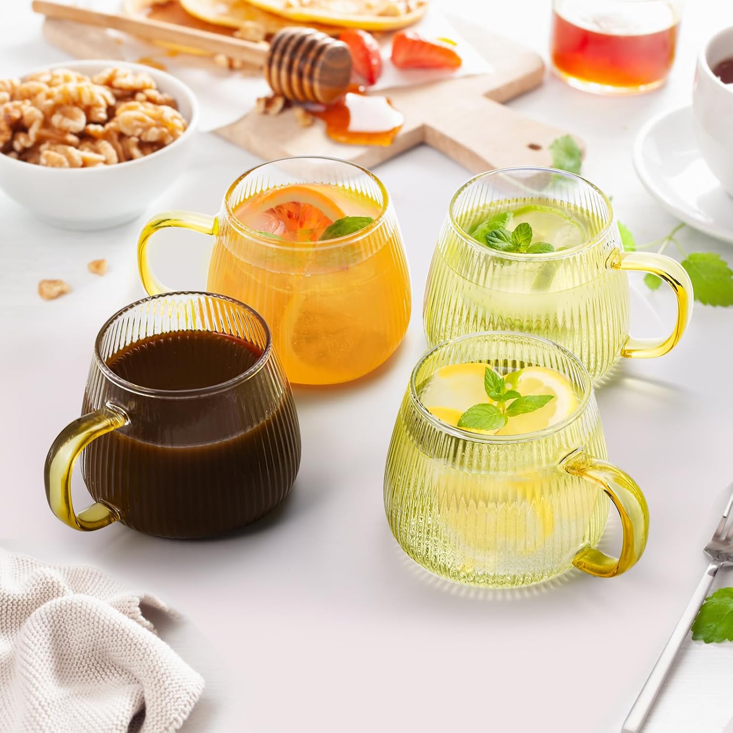 AVLA 6 Pack Glass Coffee Mugs, 16 OZ Unique Vertical Stripes Coffee Cup, Clear Large Tea Glasses with Handle, Vintage Transparent Glassware for Hot/Cold Beverages, Cappuccino, Latte, Espresso, Juice - Image 4