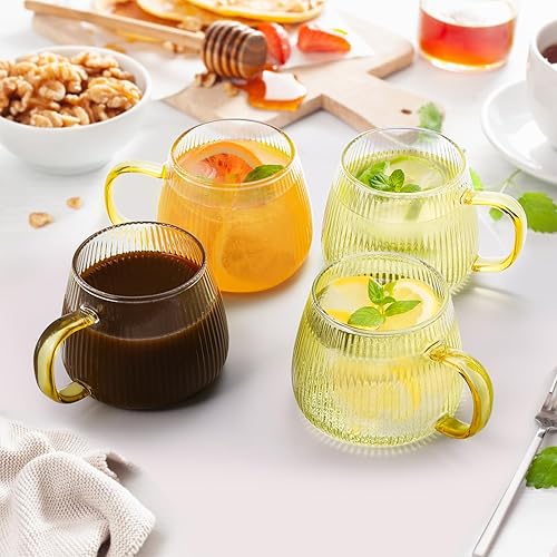 Miniatura 4 de AVLA Paquete de 6 tazas de café de cristal, 16 onzas, tazas de café con rayas verticales únicas, vasos de té grandes transparentes con asa,