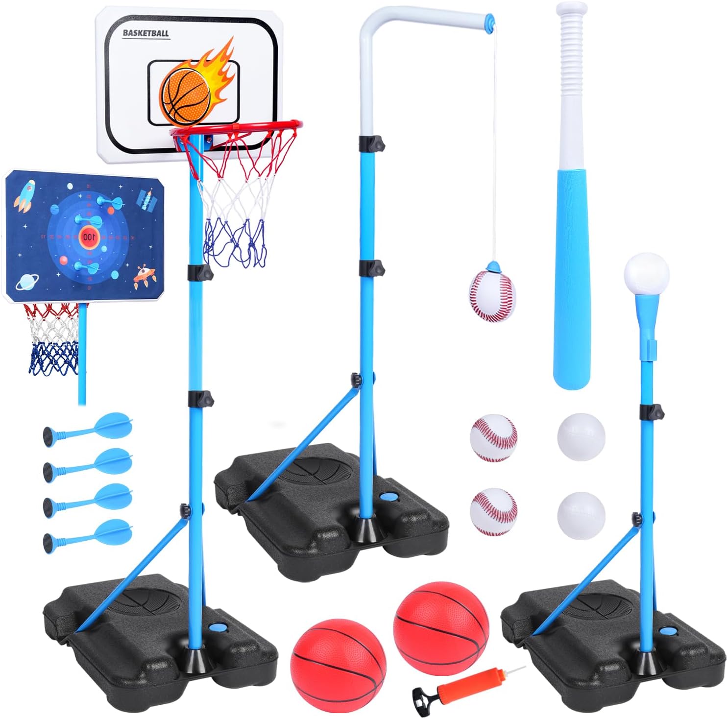 4 in 1 Kids Basketball Hoop, Basketball Hoop for Kids with Dart Board & T Ball Set & Hanging Baseball Pool Basketball Hoop Indoor & Outdoor Toddler Outdoor Toys Birthday Gifts for Boys Girls