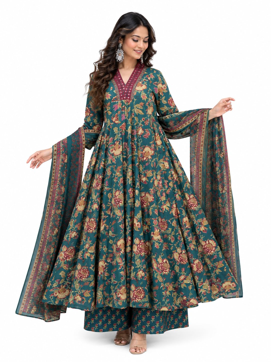 A-Line Cotton Suit Set Teal Floral Print-image-32